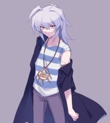  1boy bakura_ryou bandaged_arm bandages blood blue_coat blue_shirt coat collarbone cowboy_shot grey_background grey_hair grey_pants jewelry long_hair long_sleeves looking_at_viewer male_focus messy_hair millennium_ring necklace nemu_mohu off_shoulder open_clothes pants red_eyes shirt simple_background solo striped_clothes striped_shirt two-tone_shirt white_shirt yu-gi-oh! yu-gi-oh!_duel_monsters 