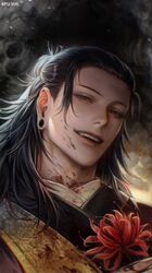  1boy asya_(krizless) black_hair black_kimono blood blood_on_face flower getou_suguru getou_suguru_(kenjaku) hair_bun highres japanese_clothes jujutsu_kaisen kesa kimono lips long_hair long_sleeves looking_at_viewer male_focus piercing plug_(piercing) red_flower single_hair_bun smile smirk solo stitches teeth upper_body 