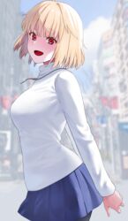  arcueid_brunestud arms_behind_back blonde_hair blue_skirt blurry blurry_background breasts cityscape commentary_request cowboy_shot female from_side highres jewelry krs_(karasu) long_sleeves looking_at_viewer medium_breasts medium_hair miniskirt necklace open_mouth outdoors own_hands_together pantyhose pleated_skirt red_eyes skirt smile solo sweater tsukihime tsurime turtleneck turtleneck_sweater white_sweater 