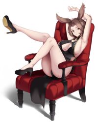  absurdres animal_ears armpits arms_up black_dress black_footwear breasts brown_hair china_dress chinese_clothes cleavage cleavage_cutout clothing_cutout commentary_request commission dress female full_body high_heels highres large_breasts legs looking_at_viewer masaki_nanaya original shoes short_hair simple_background skeb_commission solo white_background 