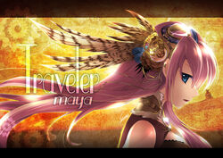  album_cover album_name bare_shoulders blue_eyes breasts brooch child-box commentary cover feather_hair_ornament feathers female from_side gears hair_ornament jewelry long_hair looking_at_viewer megurine_luka pink_hair solo upper_body vocaloid 