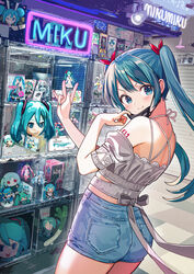  aimaina annotation_request aqua_eyes aqua_hair aqua_nails ass bare_shoulders bicute_bunnies_miku black_mask blush character_doll character_name closed_mouth commentary cowboy_shot denim denim_shorts display_case doll female figure figure_stage from_behind grey_shirt hachune_miku hatsune_miku highres long_hair looking_at_viewer mask mask_pull melt_(vocaloid) more_more_jump!_miku mouth_mask natsufuku_miku nendoroid neon_lights nishizawa off-shoulder_shirt off_shoulder partially_annotated project_diva_(series) project_sekai pulling_own_clothes sakura_miku senbonzakura_(vocaloid) shirt shorts solo spaghetti_strap spring_onion supreme_(module) taito_four_seasons_figure_(vocaloid) toy_packaging twintails vampire_(vocaloid) vocaloid yuki_miku yuki_miku_(2011) 