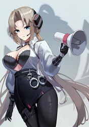  absurdres azur_lane belt black_bra black_choker black_gloves black_pantyhose black_skirt blonde_hair blue_background blue_eyes bra breasts choker cleavage collared_shirt commentary cowboy_shot cuffs dutch_angle elbow_gloves female floating_hair gloves handcuffs headphones high-waist_skirt highres holding holding_megaphone kronshtadt_(azur_lane) kronshtadt_(begin_the_rush!)_(azur_lane) large_breasts long_hair long_sleeves looking_at_viewer low_twintails maanu megaphone miniskirt northern_parliament_(emblem) official_alternate_costume pantyhose parted_bangs parted_lips pencil_skirt shirt sidelocks simple_background skindentation skirt solo standing thigh_strap twintails unbuttoned unbuttoned_shirt underwear very_long_hair white_shirt 