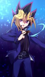  1boy :o belt black_belt black_choker black_hair blonde_hair blue_background blue_jacket blue_pants card choker dyed_bangs hand_up highres holding holding_card jacket male_focus medium_hair multicolored_background multicolored_hair nemu_mohu open_clothes open_jacket pants pink_hair purple_eyes solo spiked_hair yami_yugi yu-gi-oh! yu-gi-oh!_duel_monsters 