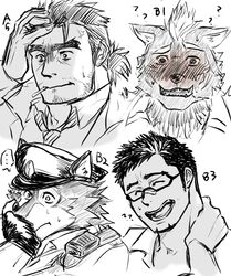  anthro barrel_(live_a_hero) blush bust_portrait canid canine canis clothing countershading detective_gammei embarrassed eyewear fingerless_gloves furlong_(live_a_hero) glasses gloves group handwear human hyena kinaisan22511 kyoichi_(live_a_hero) lifewonders live_a_hero male mammal portrait question_mark wolf 