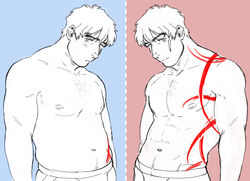  1boy abs alternate_muscle_size bara belly body_markings chest_hair greyscale_with_colored_background head_tilt jockstrap kekkai_sensen light_blush looking_at_viewer male_focus male_underwear mature_male multiple_views muscular muscular_male navel navel_hair nipples nore_(boosuke) pectorals plump short_hair sideburns spot_color steven_a._starphase stomach thick_eyebrows topless_male underwear 