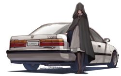  black_cloak boots car cloak covered_eyes dress elden_ring female hand_on_car highres honda honda_accord hood hood_over_eyes hooded_cloak hooded_coat medium_hair melina_(elden_ring) motor_vehicle patatatan pun red_hair solo thigh_boots thighhighs transparent_background vehicle_focus white_car 