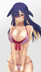  absurdres animal_ears bare_arms bare_legs bare_shoulders bikini blue_archive blush breasts cleavage female hair_over_one_eye halo highres katagirinanoka large_breasts long_hair looking_at_viewer lop_rabbit_ears multicolored_hair navel ninja open_mouth purple_bikini purple_eyes purple_hair rabbit_ears rabbit_girl revision shy sideboob simple_background solo sweat swimsuit tsukuyo_(blue_archive) white_background 