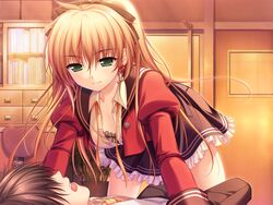  1boy alpha_(yukai_na_nakamatachi) arisa_crain_femiluna black_bow black_pants black_skirt blonde_hair bow brown_hair closed_mouth collarbone collared_shirt dress_shirt dusk earrings female frilled_skirt frills game_cg green_eyes hair_between_eyes hair_over_eyes hairbow indoors jacket jewelry kuroda_yuuki long_hair long_sleeves miniskirt neck_ribbon necktie open_clothes open_jacket open_shirt pants ponytail red_jacket ribbon shirt short_hair skirt smile very_long_hair w.l.o_sekai_ren&#039;ai_kikou white_shirt wing_collar yellow_ribbon 