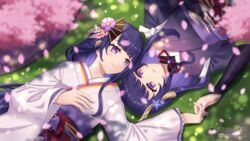  2girls blue_flower blush bridal_gauntlets cherry_blossoms closed_mouth commentary dm_(nguyen_dm95) english_commentary falling_petals flower genshin_impact grass hair_flower hair_ornament hand_on_own_chest highres holding_hands japanese_clothes kimono long_hair long_sleeves looking_at_another lying makoto_(genshin_impact) mole mole_under_eye multiple_girls obi obiage obijime on_back open_mouth petals pink_flower purple_eyes purple_flower purple_hair raiden_shogun sash siblings sisters smile spoilers tassel twitter_username wide_sleeves 