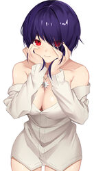  absurdres aogiri_koukou bad_id bad_pixiv_id blue_hair blush breasts cleavage closed_mouth commentary cowboy_shot dress_shirt eyes_visible_through_hair female hair_between_eyes hair_over_one_eye hands_on_own_face highres jewelry long_sleeves looking_at_viewer medium_breasts naked_shirt necklace off_shoulder otodama_tamako red_eyes shirt short_hair simple_background solo thighs virtual_youtuber white_background white_shirt yuya_(yuya_illust) 