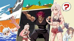  1boy 2girls ? abs absurdres ahoge alternate_muscle_size backpack bag bandaged_arm bandages battle black_hair black_headwear black_pants black_shirt black_sports_bra bottle breasts brown_eyes cactus chinese_commentary cloud collared_shirt commentary_request crossover dark-skinned_male dark_skin demon_back_(baki) desert dougi dumbbell evil_grin evil_smile exercising footprints goggles grappler_baki grin hair_ornament hairclip hand_to_own_mouth hand_up hanma_yujiro height_difference helmet highres holding holding_bottle ice_axe jacket lab_coat long_hair m_kyo midriff mountain mountain_climbing multiple_girls muscular muscular_female muscular_male navel onii-chan_wa_oshimai! open_mouth orange_jacket orange_pants outdoors oyama_mahiro oyama_mihari pants pink_hair pink_shirt red_hair red_shorts sand scar scar_on_arm scar_on_leg scar_on_stomach shirt short_sleeves shorts small_breasts smile snow spiked_hair spoken_question_mark sports_bra sweat swim_cap swimming twintails v-shaped_eyebrows water 