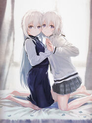  2girls ai_(re:lief) bare_legs barefoot bed_sheet blue_skirt closed_mouth from_side grey_eyes grey_jacket grey_skirt hair_between_eyes hood hood_down hooded_jacket indoors jacket kneeling kurono_mitsuki long_hair long_sleeves looking_at_viewer medium_hair miniskirt multiple_girls pillow plaid plaid_skirt pleated_skirt re:lief_~shin&#039;ai_naru_anata_e~ school_uniform shirt skirt smile straight_hair very_long_hair white_hair white_shirt yuu_(re:lief) 