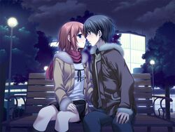  1boy alpha_(yukai_na_nakamatachi) bench black_hair black_ribbon black_skirt black_socks blue_eyes blue_pants blush breasts brown_eyes brown_hair closed_mouth coat couple eye_contact female fur-trimmed_coat fur_trim game_cg grey_coat hair_between_eyes hands_on_own_knee imminent_kiss kneehighs kuroda_yuuki kusaka_aina long_sleeves looking_at_another medium_breasts miniskirt night pants parted_lips plaid plaid_skirt pleated_skirt red_scarf ribbon scarf shirt short_hair sitting skirt sky socks star_(sky) starry_sky straight w.l.o_sekai_ren&#039;ai_kikou white_shirt 