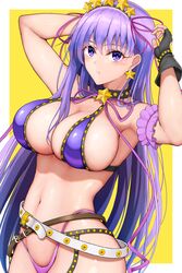  bare_shoulders bb_(fate) bb_(swimsuit_mooncancer)_(fate) belt bikini black_garter_belt black_gloves blush breasts cleavage commentary_request earrings fate/grand_order fate_(series) female fingerless_gloves garter_belt gloves hair_ornament hair_ribbon hairband hamaguri_(hamaguri1234) highres jewelry large_breasts long_hair looking_at_viewer navel neck_ribbon purple_bikini purple_eyes purple_hair ribbon solo star_(symbol) star_earrings star_hair_ornament studded_garter_belt swimsuit very_long_hair white_belt 