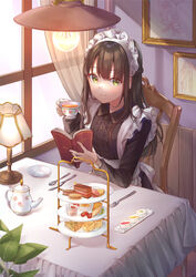  absurdres apron back_bow black_dress book bow breasts brown_hair cake cake_slice center_frills chair chocolate_strawberry closed_mouth commentary creme_brulee cup curtains desk_lamp dress female fingernails food fork frills green_eyes highres holding holding_book holding_cup indoors knife lamp leaf light_bulb light_smile long_hair long_sleeves looking_at_viewer maid maid_apron maid_headdress medium_breasts open_book original painting_(object) plant poe_(528yuzunon) quiche ramekin see-through sitting solo spoon table tablecloth tea teacup teapot tiered_tray tray upper_body white_apron white_bow white_headwear window 