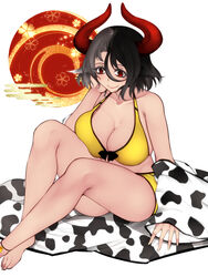  animal_ears animal_print ankle_bell anklet aoshima bare_shoulders barefoot bell black_bow black_hair blush bow breasts cleavage closed_eyes collarbone colored_eyelashes commentary_request cow_ears cow_horns cow_print crop_top egasumi feet female fingernails floral_print full_body gold grey_hair hair_between_eyes hand_on_own_face haori haori_removed highres horns huge_breasts japanese_clothes jewelry looking_past_viewer multicolored_hair petal_print pink_lips plump red_eyes red_horns red_sun short_shorts shorts sitting skindentation smile solo spiral split-color_hair tank_top thighs toenails toes touhou ushizaki_urumi yellow_shorts yellow_tank_top 