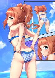  absurdres armpits ass bikini bikini_pull blue_bikini blue_eyes blush breasts clothes_pull female from_behind highres idolmaster idolmaster_(classic) long_hair looking_at_viewer looking_back multiple_views oops orange_hair shiny_skin small_breasts smile standing sweat swimsuit takatsuki_yayoi twintails 