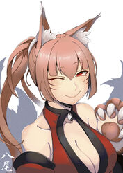  absurdres animal_ear_fluff animal_ears animal_hands bare_shoulders breasts claws cleavage closed_mouth facial_mark female fox_ears fox_girl fox_tail hair_between_eyes highres kawahara0527 large_breasts long_hair looking_at_viewer mon-musu_quest! monster_girl multiple_tails one_eye_closed ponytail red_eyes simple_background smile solo tail unusually_open_eyes upper_body whisker_markings white_background yao_(mon-musu_quest!) yin_yang 