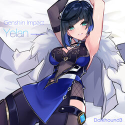  armpits artist_name bed_sheet black_hair blunt_bangs breasts character_name chinese_clothes cleavage commentary_request dark_hound_3 dice earrings female fishnet_fabric fur-trimmed_jacket fur_trim genshin_impact green_eyes highres jacket jacket_on_shoulders jewelry long_sleeves looking_at_viewer lying mole mole_on_breast on_back open_clothes open_jacket parted_bangs parted_lips pendant_choker short_hair sidelocks sleeveless solo vision_(genshin_impact) white_jacket yelan_(genshin_impact) 