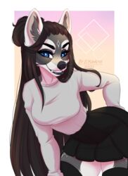  2021 alpha_channel anthro blue_eyes bottomwear breasts brown_hair canid canine clothed clothing digital_media_(artwork) ei-ka eyebrows eyelashes female hair hi_res mammal skirt smile solo teeth thick_thighs wide_hips 