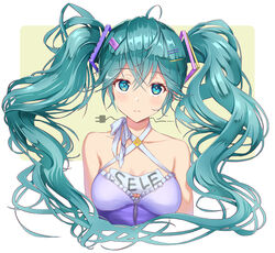  ahoge aqua_eyes aqua_hair bad_id bad_pixiv_id breasts commentary_request female hair_between_eyes hair_ornament hairclip hatsune_miku long_hair looking_at_viewer medium_breasts photoshop_(medium) solo tamamushi twintails upper_body very_long_hair vocaloid 