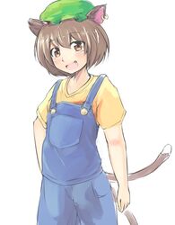  :d alternate_costume animal_ear_piercing animal_ears blush brown_eyes brown_hair cat_ears cat_tail chen commentary_request female ginnkei green_hat hat highres jewelry looking_at_viewer multiple_tails nekomata oerba_yun_fang one-hour_drawing_challenge open_mouth overalls shirt short_hair simple_background smile solo tail touhou white_background 