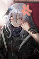  1other absurdres annoyed black_gloves black_jacket black_scarf cheek_pinching closed_mouth female girls&#039;_frontline gloves grey_eyes grey_hair hand_on_another&#039;s_cheek hand_on_another&#039;s_face hand_on_another&#039;s_hand highres jacket jewelry long_hair looking_at_viewer medallion necklace open_clothes open_jacket paradeus pinching scarf simple_background sitting solo_focus tareus_(girls&#039;_frontline) teardrop upper_body whoseit 