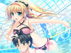  1boy :d alpha_(yukai_na_nakamatachi) arisa_crain_femiluna bikini black_bikini black_hair black_ribbon blonde_hair bow breasts cleavage collarbone criss-cross_halter earrings female floating_hair game_cg green_eyes hair_between_eyes hair_ribbon halterneck hand_on_another&#039;s_head headband holding jewelry kuroda_yuuki long_hair medium_breasts oerba_yun_fang pink_bikini pink_bow pool red_headband ribbon short_hair smile swimsuit very_long_hair w.l.o_sekai_ren&#039;ai_kikou 