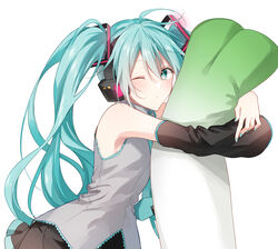  aqua_eyes aqua_hair aqua_nails aqua_necktie bare_shoulders black_skirt black_sleeves commentary detached_sleeves female grey_shirt hair_ornament hatsune_miku headphones highres hugging_object long_hair looking_at_viewer lying miniskirt nail_polish nanace_0 necktie on_side one_eye_closed pleated_skirt shirt skirt sleeveless sleeveless_shirt solo spring_onion stuffed_toy twintails upper_body very_long_hair vocaloid white_background 