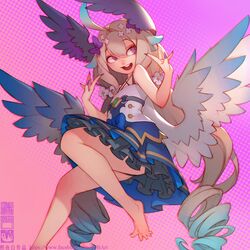  :d absurdly_long_hair ahoge bare_legs bare_shoulders barefoot blonde_hair blue_dress blue_hair blush bow buck_teeth chinese_commentary commentary_request dress enna_alouette enna_alouette_(1st_costume) feathered_wings feet female flat_chest flower frills gradient_hair hair_flower hair_ornament hairbow head_wings legs long_hair looking_away looking_to_the_side low_twintails multicolored_clothes multicolored_dress multicolored_hair nail_polish nijisanji nijisanji_en nose_blush open_mouth purple_bow purple_eyes purple_nails purple_wings round_teeth sleeveless smile solo spread_toes teeth toes twintails very_long_hair virtual_youtuber web_address white_dress white_flower white_wings wings zhaoyebai 