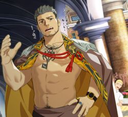  2boys abs bara bare_pectorals beard_stubble blonde_hair brown_coat brown_pants character_request chest_hair coat coat_on_shoulders crave_saga facial_hair itto_(mentaiko) jewelry jitome large_pectorals looking_at_another male_focus multiple_boys multiple_rings muscular muscular_male navel navel_hair nipples no_shirt open_mouth outdoors pants pectorals peeking_out ring short_hair solo_focus stubble tagmard_(crave_saga) translation_request watch white_hair wristwatch 