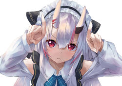  :&lt; blue_neckwear closed_mouth collared_shirt commentary_request female hair_between_eyes hair_ribbon highres hololive horns horns_pose konkito long_hair looking_at_viewer maid_headdress multicolored_hair nakiri_ayame nakiri_ayame_(girly) official_alternate_costume oni red_eyes red_hair ribbon shirt simple_background skin-covered_horns solo streaked_hair two-tone_hair upper_body v-shaped_eyebrows virtual_youtuber white_background white_hair white_shirt wing_collar 