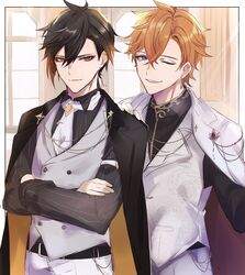  2boys belt black_gloves black_hair blue_eyes brown_hair closed_mouth crossed_arms earrings formal genshin_impact gloves gumilkx hair_between_eyes hand_on_another&#039;s_shoulder highres jacket jacket_on_shoulders jewelry long_sleeves looking_at_viewer male_focus multicolored_hair multiple_boys necktie one_eye_closed open_mouth orange_hair parted_bangs short_hair single_earring smile suit tartaglia_(genshin_impact) tassel tassel_earrings window yellow_eyes zhongli_(genshin_impact) 