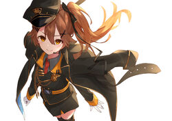  absurdres bad_id bad_pixiv_id black_jacket black_ribbon black_skirt blush brown_hair closed_mouth female from_above grey_shirt hair_ribbon hat headset highres hikari_yui jacket jacket_on_shoulders long_hair long_sleeves looking_at_viewer military military_hat military_uniform necktie re:act red_necktie ribbon shirt shishigami_leona simple_background skirt smile solo two_side_up uniform virtual_youtuber white_background yellow_eyes 