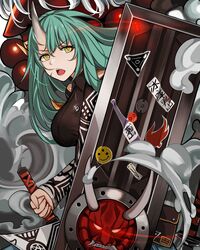  alternate_costume arknights beads black_shirt breasts chinese_commentary cowboy_shot demon doc.chen female glint glowing glowing_eyes green_eyes green_hair hand_on_hilt horns hoshiguma_(arknights) hoshiguma_(ronin_huntress)_(arknights) jewelry katana large_breasts lips long_hair long_sleeves looking_at_viewer mask necklace official_alternate_costume oni_mask open_mouth prayer_beads scar scar_on_cheek scar_on_face shield shirt single_horn skin-covered_horns smiley_face smoke solo sticker sword turtleneck weapon yellow_eyes 