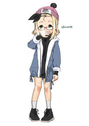  alternate_costume beanie black_dress black_footwear black_sweater blonde_hair breath commentary_request dress female full_body green_eyes harukaze_unipo hat highres jacket kantai_collection looking_at_viewer luigi_torelli_(kancolle) medium_hair one-hour_drawing_challenge pink_hat pink_jacket shoes simple_background sneakers solo standing sweater sweater_dress white_background 