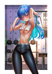  absurdres alternate_costume areola_slip armpits arms_up blue_eyes blue_hair blush border bottle breasts breath closed_mouth collarbone commentary earrings exercise_machine feet_out_of_frame female flat_chest green_ribbons grey_eyes gym hair_ornament hair_ribbon highres hololive hoshimachi_suisei indoors jagoo jewelry long_hair looking_at_viewer multicolored_hair official_alternate_hair_length official_alternate_hairstyle pants plant ribbon small_breasts sportswear star_(symbol) star_hair_ornament stomach sweat topless towel towel_around_neck two-tone_hair variant_set virtual_youtuber water_bottle weights white_border 