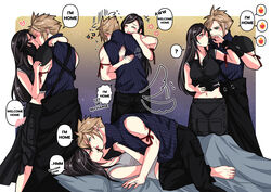  1boy arm_ribbon babigonice bed bed_sheet black_gloves black_hair blonde_hair blue_eyes blush cloud_strife crop_top english_text female final_fantasy final_fantasy_vii final_fantasy_vii_advent_children gloves hug jewelry kissing long_hair lying midriff on_back ribbon ring spiked_hair straight tifa_lockhart 