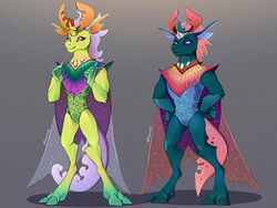  4:3 anoraknr anthro anthrofied arthropod carapace changeling duo featureless_crotch friendship_is_magic gradient_background hasbro horn insect_wings male my_little_pony pharynx_(mlp) purple_eyes reformed_changeling simple_background textured_background thorax_(mlp) wings 