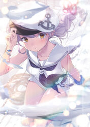  adjusting_clothes adjusting_headwear anchor_hat_ornament arm_up blue_neckerchief blue_scrunchie braid braided_ponytail closed_mouth commentary_request female floating_hair goshichi_shoji hair_ribbon hat hat_ornament highres long_hair looking_at_viewer low_ponytail neckerchief original purple_hair red_ribbon ribbon rope sailor_collar sailor_hat sailor_shirt scrunchie shirt shorts sitting sleeveless sleeveless_shirt solo white_hat white_sailor_collar white_shirt white_shorts wind wrist_scrunchie yellow_eyes 