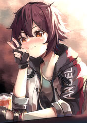  aa_(16rrr16) absurdres arknights blush cheek_squash collarbone cup drawstring drink drinking_glass exusiai_(arknights) female fingerless_gloves gloves highres hood hooded_jacket ice ice_cube jacket looking_at_viewer o-ring orange_eyes penguin_logistics_(arknights) red_hair shirt short_hair short_sleeves simple_background solo sparkle upper_body v 