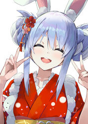  ^_^ alternate_costume animal_ear_fluff animal_ears blue_hair blush braid braided_bun breasts closed_eyes commentary_request double_bun double_v duplicate facing_viewer female flower hair_between_eyes hair_bun hair_flower hair_ornament head_tilt highres hololive japanese_clothes kimono konkito light_blue_hair medium_hair multicolored_hair obi official_alternate_costume open_mouth pixel-perfect_duplicate rabbit_ears red_kimono sash sidelocks simple_background small_breasts smile solo thick_eyebrows twin_braids twintails two-tone_hair upper_body usada_pekora usada_pekora_(new_year) v virtual_youtuber white_background white_hair 