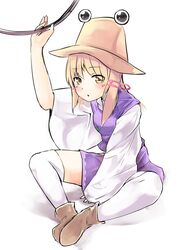  blonde_hair brown_footwear commentary_request female ginnkei hair_ribbon hat highres holding holding_jewelry holding_ring jewelry looking_at_viewer moriya_suwako one-hour_drawing_challenge purple_skirt ribbon ring simple_background sitting skirt skirt_set solo thighhighs touhou vest white_background white_thighhighs wide_sleeves yellow_eyes 