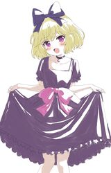  :d black_choker blonde_hair blush bow choker dress elly_(tonari_no_kyuuketsuki-san) female hairbow head_tilt highres looking_at_viewer medium_hair oerba_yun_fang open_mouth pink_bow pink_eyes puffy_short_sleeves puffy_sleeves purple_bow purple_dress short_sleeves simple_background sincos skirt_hold smile solo standing tonari_no_kyuuketsuki-san white_background 