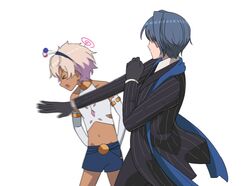  &gt;_&lt; 2boys blue_hair commentary dark-skinned_male dark_skin dotonburi english_commentary formal genderswap_(ftm) gloves hair_ornament hololive hololive_english limiter_(tsukumo_sana) meme midriff multiple_boys navel ouro_kronii ouro_krono photo-referenced planet_hair_ornament rule_63 simple_background slapping suit tsukumo_san tsukumo_sana virtual_youtuber white_background will_smith_slapping_chris_rock_(meme) 