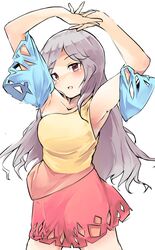  :d armpits arms_up blush breasts commentary_request diamond_cutout female ginnkei highres large_breasts long_hair looking_at_viewer one-hour_drawing_challenge open_mouth red_eyes sakata_nemuno shirt simple_background single_strap smile solo touhou white_background 