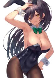  ;d animal_ears arm_up armpits ass_visible_through_thighs bare_arms bare_shoulders black_hair black_leotard bow bowtie breasts brown_pantyhose cleavage contrapposto covered_navel cowboy_shot detached_collar earrings fake_animal_ears female hairband hand_on_own_head hand_on_own_hip highleg highleg_leotard highres idolmaster idolmaster_shiny_colors jewelry large_breasts leotard long_hair looking_at_viewer one_eye_closed open_mouth orange_eyes pantyhose playboy_bunny ponytail rabbit_ears rangen shiny_clothes shirase_sakuya simple_background smile solo standing strapless strapless_leotard very_long_hair white_background wrist_cuffs 