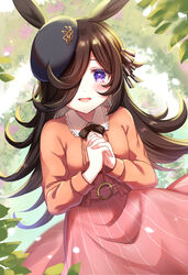  absurdres animal_ears beret black_bow black_hat blush bow brown_hair brown_ribbon commentary dress female hair_over_one_eye hair_ribbon hands_up hat highres horse_ears horse_girl jacket leaf long_hair long_sleeves looking_at_viewer open_mouth orange_jacket outdoors own_hands_clasped own_hands_together pink_dress purple_eyes ribbon rice_shower_(umamusume) smile solo tilted_headwear umamusume umishima_rinta 