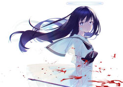  black_neckerchief blood blood_spray blue_eyes blue_hair closed_mouth commentary cross-shaped_pupils dark_blue_hair female floating_hair from_side goshichi_shoji halo highres looking_at_viewer neckerchief original pleated_skirt sailor_collar sailor_shirt school_uniform see-through_silhouette serafuku shirt short_sleeves skirt solo symbol-shaped_pupils turning_head white_background white_halo white_sailor_collar white_serafuku white_shirt white_skirt wind wind_lift 